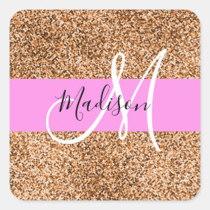 Chic Rosa & Pumpa Glitter Gnistrar Monogram Namn Fyrkantigt Klistermärke