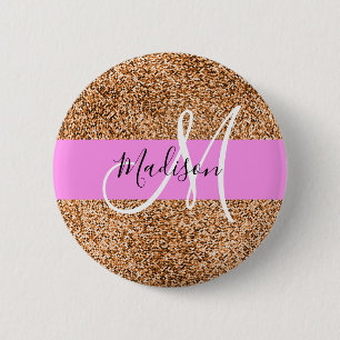 Chic rosa & pumpa glittergnistande monogramnamn knapp