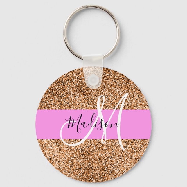 Chic rosa & pumpa glittergnistande monogramnamn nyckelring (Framsida)