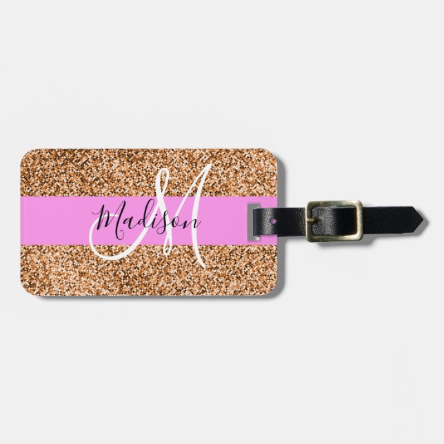 Chic rosa & pumpa glittergnistrar monogramnamn bagagebricka (Horisontell Framsida)
