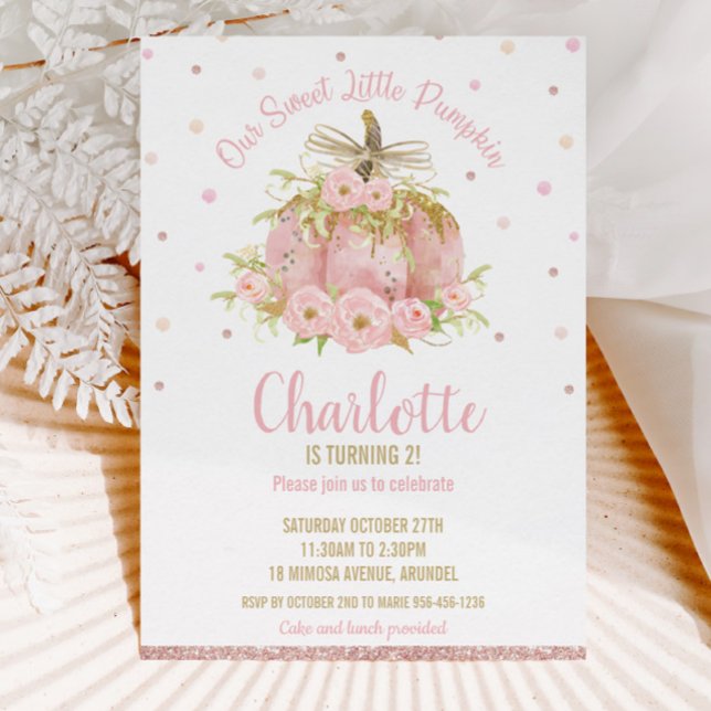 Chic Rosa Pumpkin 1:a Blommigten Birthday Girl Inbjudningar (whimsical sweet pink pumpkin rose gold blush floral flowers birthday party invitation cards digital)