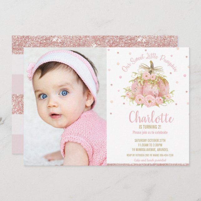 Chic Rosa Pumpkin 1:a födelsedag Flickfoto Inbjudningar (Fram/baksida)