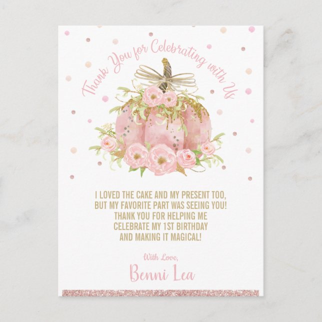 Chic Rosa Pumpkin 1:a födelsedag Party Tack Vykort (Framsida)