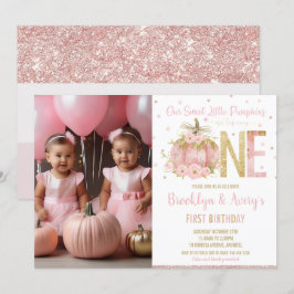 Chic Rosa Pumpkin 1:a födelsedagsfoto av Twin Girl Inbjudningar