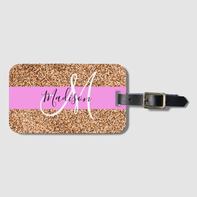 Chic Rosa & Pumpkin Glitter Sparkles Monogram Namn Bagagebricka (Framsida horisontal)