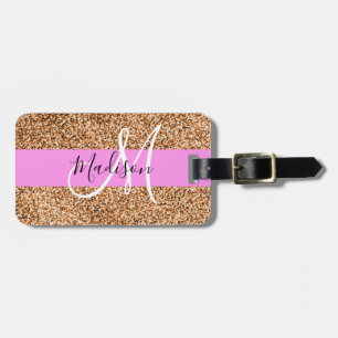 Chic Rosa & Pumpkin Glitter Sparkles Monogram Namn Bagagebricka