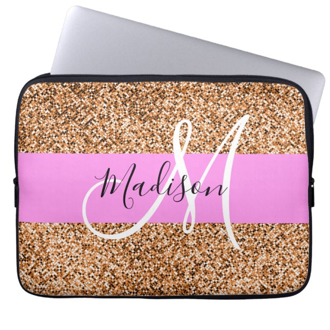 Chic Rosa & Pumpkin Glitter Sparkles Monogram Namn Laptop Fodral (Framsidan)