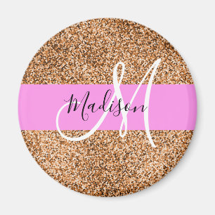 Chic Rosa & Pumpkin Glitter Sparkles Monogram Namn Magnet