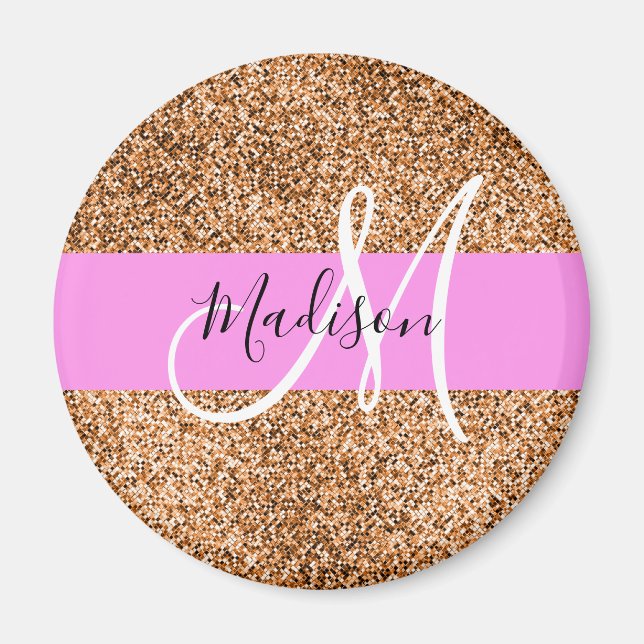 Chic Rosa & Pumpkin Glitter Sparkles Monogram Namn Magnet (Framsidan)