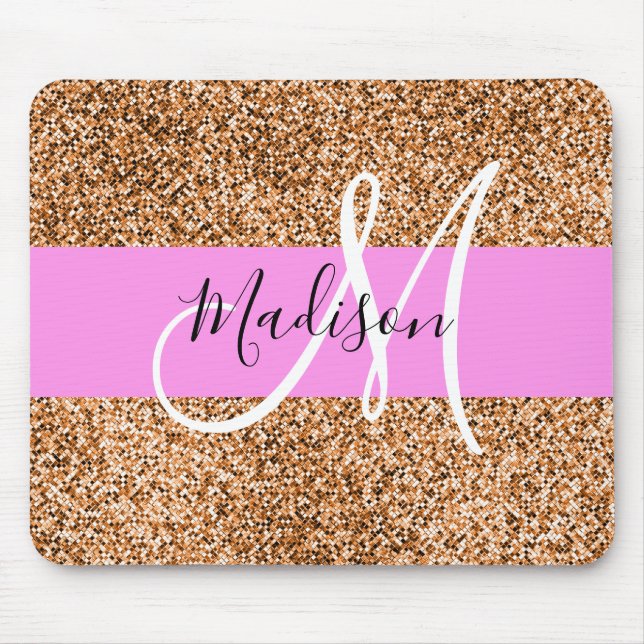Chic Rosa & Pumpkin Glitter Sparkles Monogram Namn Musmatta (Framsidan)