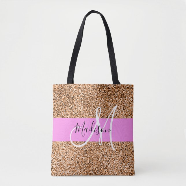 Chic Rosa & Pumpkin Glitter Sparkles Monogram Namn Tygkasse (Framsida)