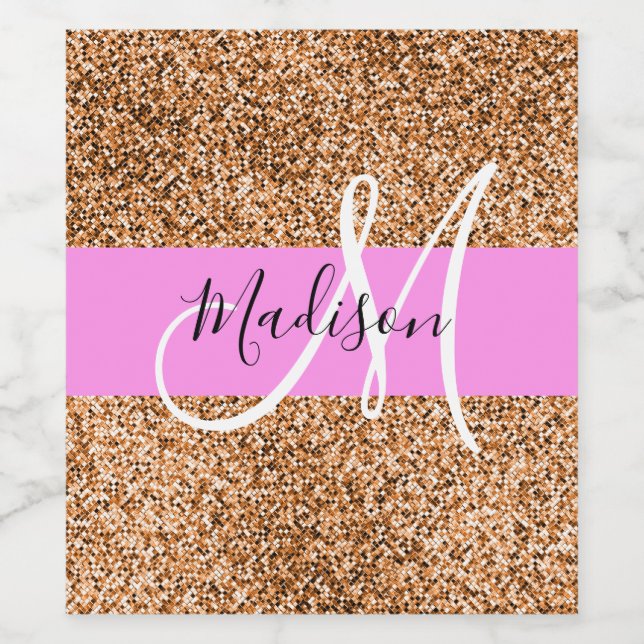 Chic Rosa & Pumpkin Glitter Sparkles Monogram Namn Vinflaska Etikett (Singel etikett)