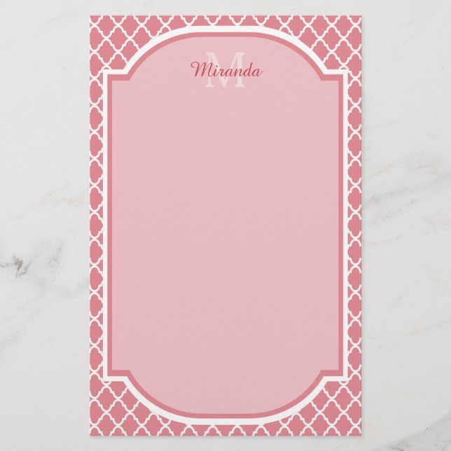 Chic Rosa Quatrefoil Monogram med Namn Brevpapper (Framsida)