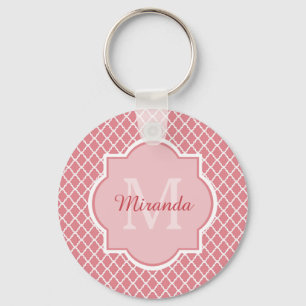 Chic Rosa Quatrefoil Monogram med Namn Nyckelring