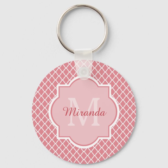 Chic Rosa Quatrefoil Monogram med Namn Nyckelring (Framsida)