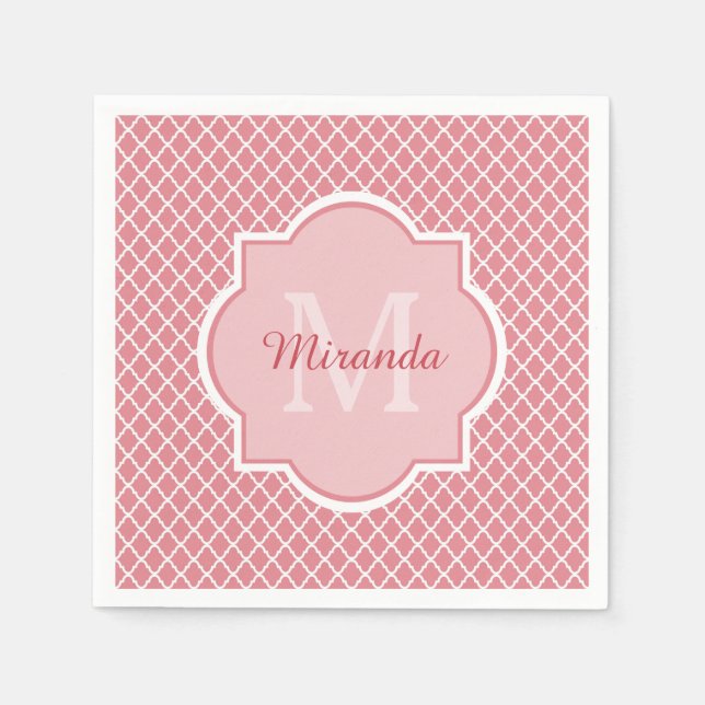 Chic Rosa Quatrefoil Monogram med Namn Pappersservett (Framsidan)