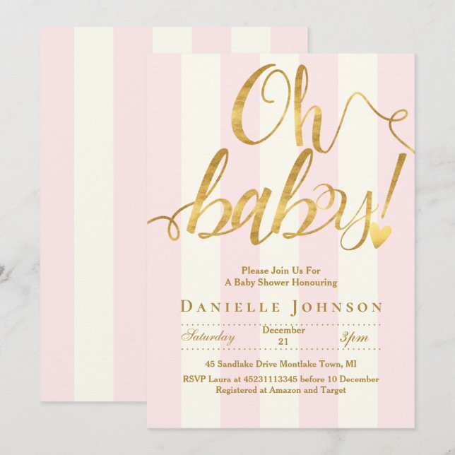 Chic rosa rand & guld folie babydusch för folier o inbjudningar (Fram/baksida)