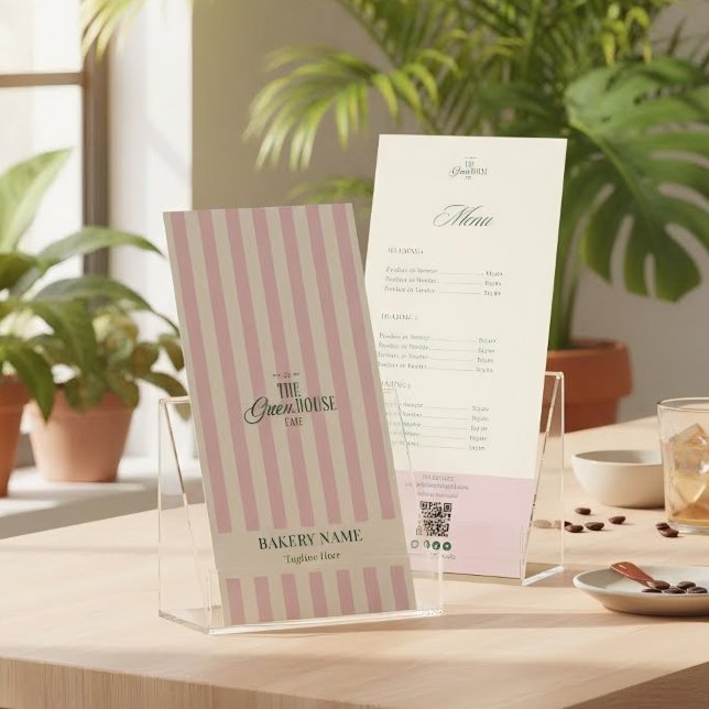 Chic rosa ränder Grön Bageri Logotyp QR Pris Reklamkort (Skapare uppladdad)