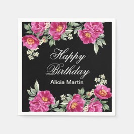 Chic Rosa Red Violet Peony Blommigt Black Birthday Pappersservett