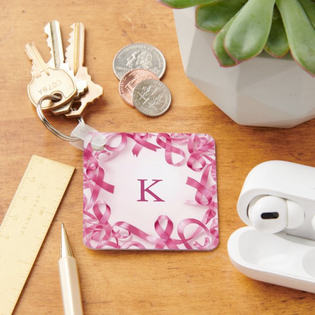 Chic Rosa Ribbon Awareness Ram Monogrammed Nyckelring (Skrivbord)