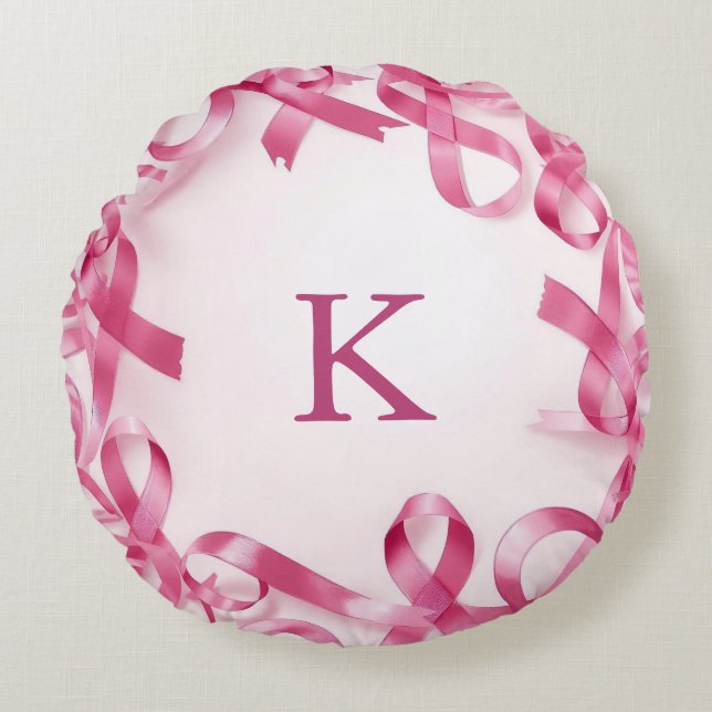Chic Rosa Ribbon Awareness Ram Monogrammed Rund Kudde (Framsidan)