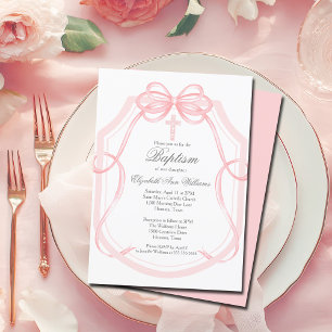 Chic Rosa Ribbon Bow Flicka Baptism Inbjudningar