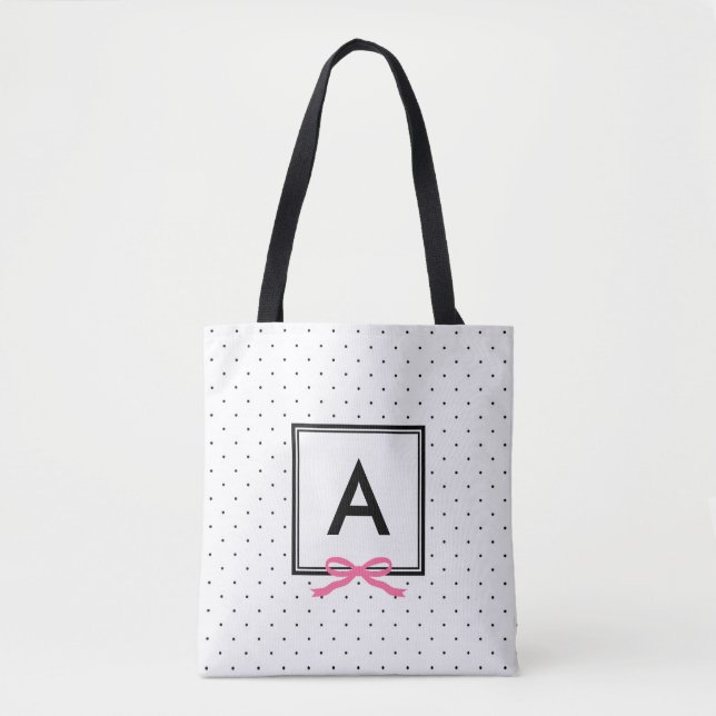 Chic Rosa Ribbon Polka Dot Mönster Monogram Tygkasse (Framsida)