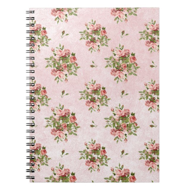 Chic rosa romantisk flickaktig vintage rosor blom- anteckningsbok (Framsidan)
