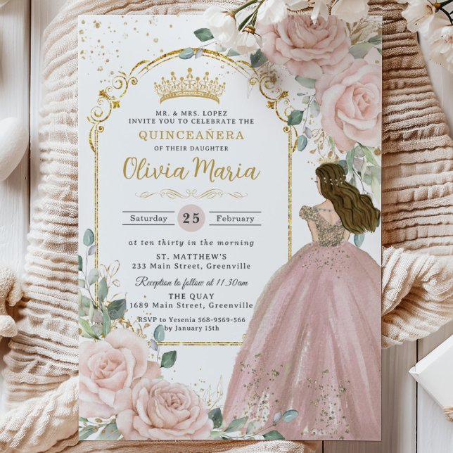 Chic  Rosa ros Blommigt Princess Quinceañera Inbjudningar (pastel-soft-blush-pink-floral-roses-gold-arch-princess-dress-sweet-16-birthday-xv-quinceanera-invite)