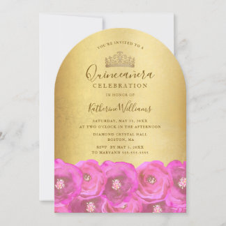 Chic rosa ros blomsterguld krona Quinceañera Inbjudningar