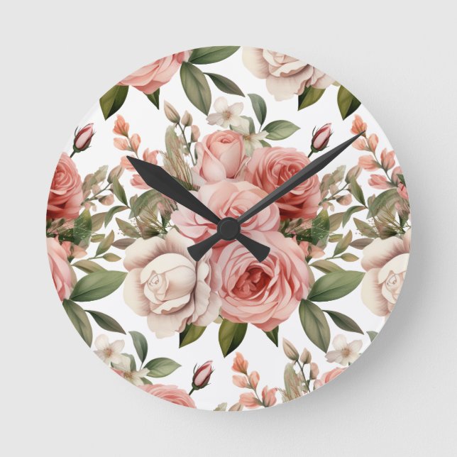 Chic Rosa ros Flowers Blommigt Clock Rund Klocka (Framsida)