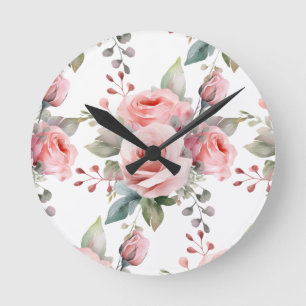Chic Rosa ros Flowers Blommigt Clock Rund Klocka
