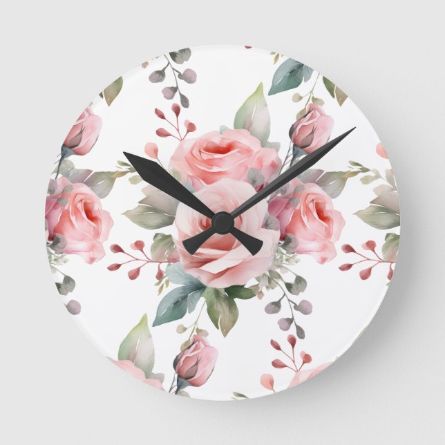 Chic Rosa ros Flowers Blommigt Clock Rund Klocka (Framsida)