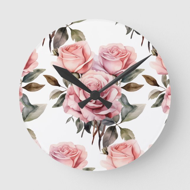 Chic Rosa ros Flowers Blommigt Clock Rund Klocka (Framsida)