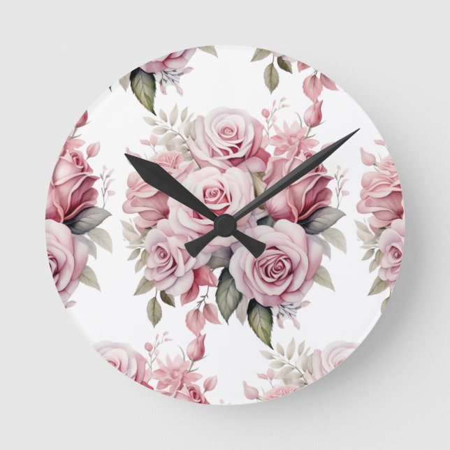 Chic Rosa ros Flowers Blommigt Clock Rund Klocka (Framsida)
