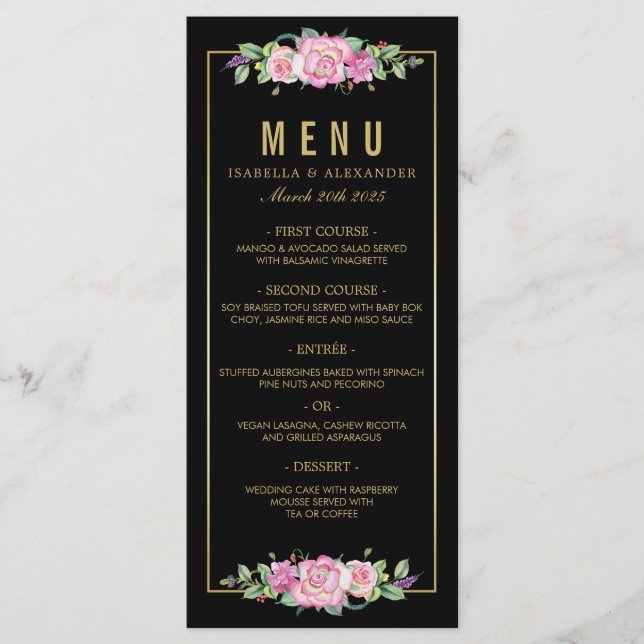 Chic Rosa ros och Guld Black Rand Bröllop Meny (Framsida)