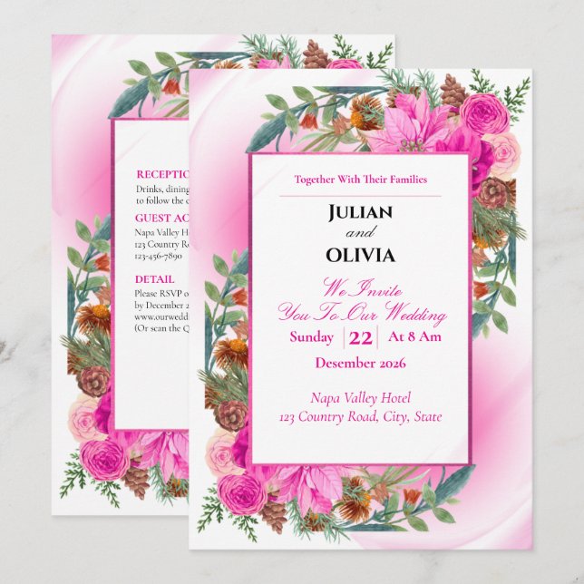 Chic Rosa Ros och Kott Wedding Inbjudan (Fram/baksida)