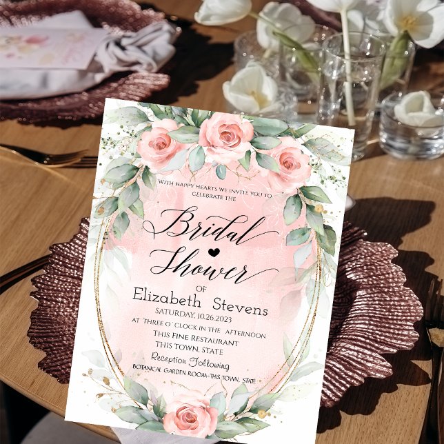 Chic rosa rosor guld ram script bröllopsdusch   inbjudningar (Skapare uppladdad)