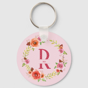 Chic Rosa, rött och Orange Vattenfärgad Blommigt U Nyckelring