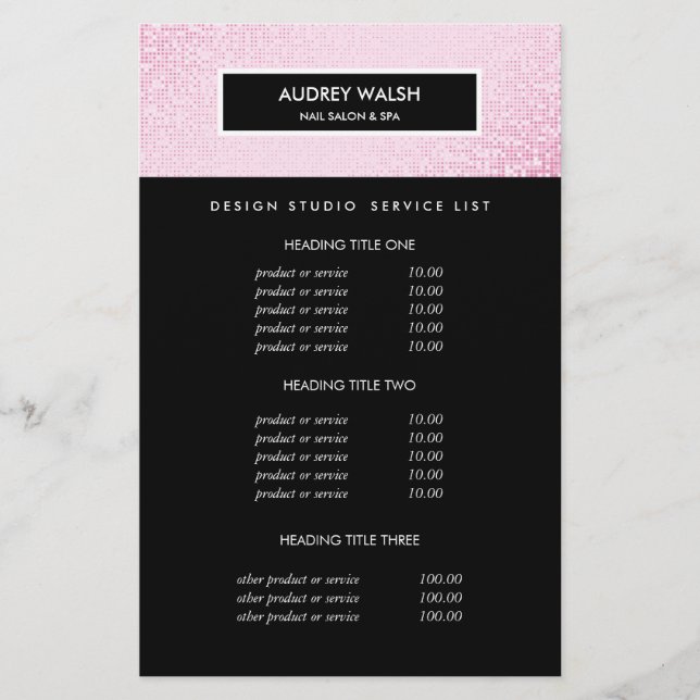 Chic Rosa Sequin Black Salon Pricing & bServices Flygblad (Framsidan)