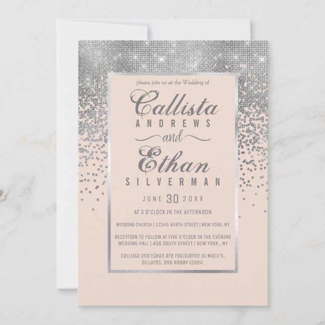 Chic  Rosa Silver Glitter Konfetti Bröllop Inbjudningar (Framsida)