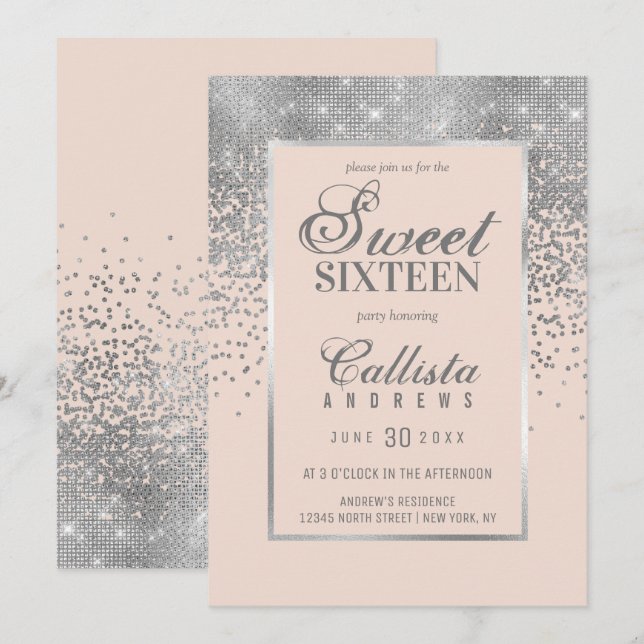 Chic Rosa Silverglitter Konfetti Sweet 16 Inbjudningar (Fram/baksida)
