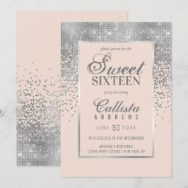 Chic Rosa Silverglitter Konfetti Sweet 16 Inbjudningar