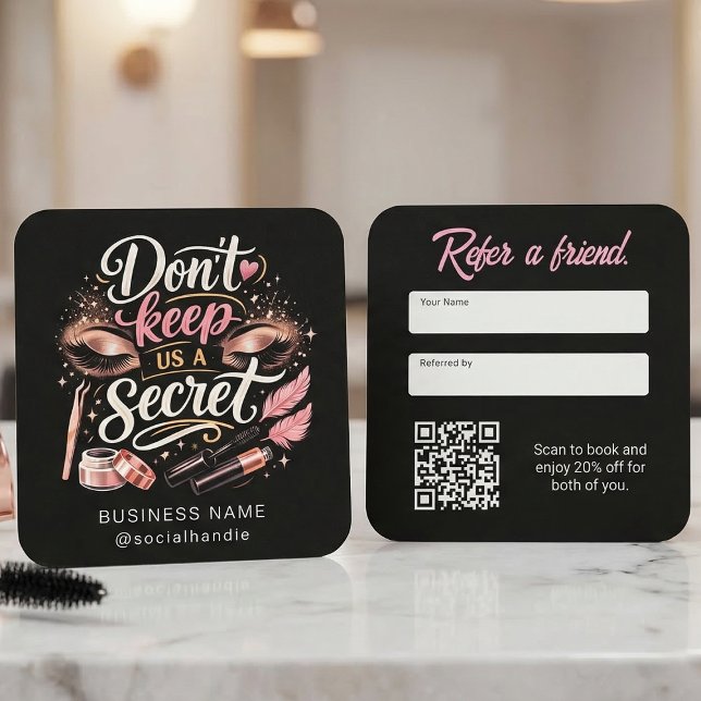 Chic Rosa Skript Referens Affärskort QR-kod Fyrkantigt Visitkort (Beauty referral card with bold glam typography and QR code)