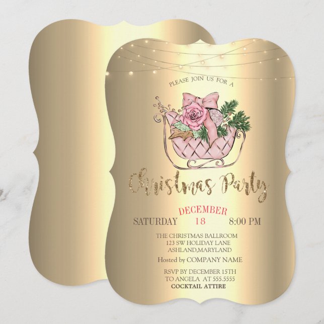 Chic rosa släde,Strängljus Guld Inbjudningar (Fram/baksida)