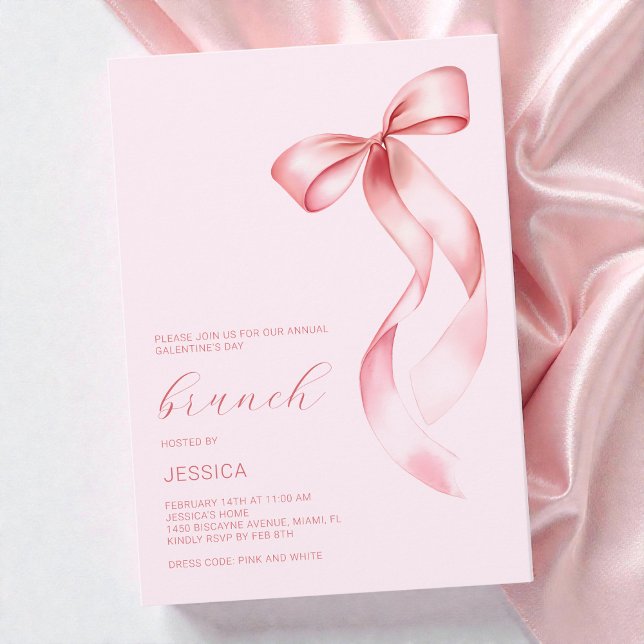Chic Rosa Slinga Girlaktig Galentine's Dag Brunchf Inbjudningar (Chic Pink Bow Girly Galentine's Day Brunch Party Invitation)