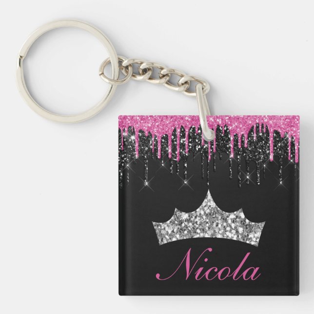 Chic Rosa Svart Droppande Glitter Tiara Namn (Framsidan)