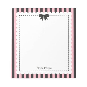 Chic rosa svarta ränder scalloped kanter & rosett anteckningsblock