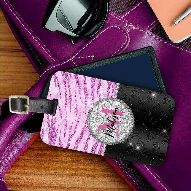 Chic rosa svartfaux glitter djurtryck monogram bagagebricka (Skapare uppladdad)