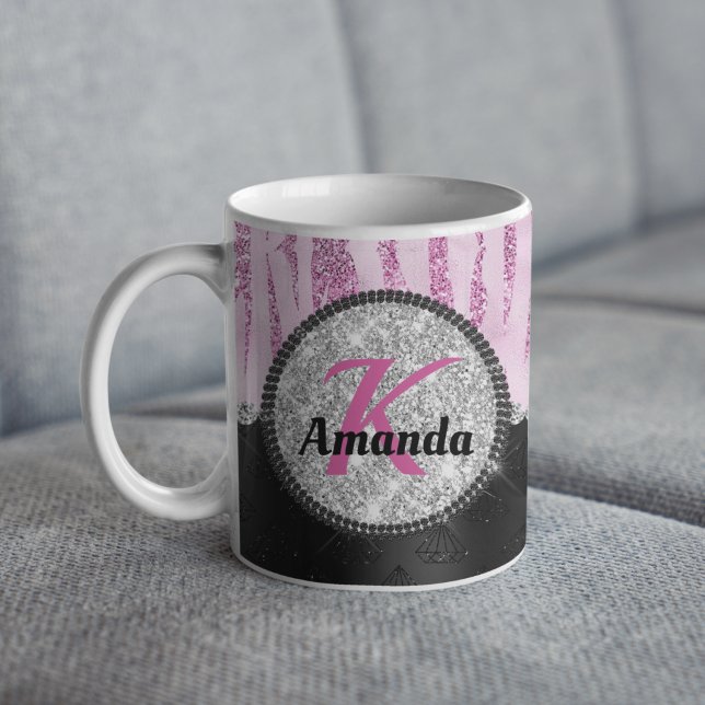 Chic rosa svartfaux glitter djurtryck monogram kaffemugg (Skapare uppladdad)